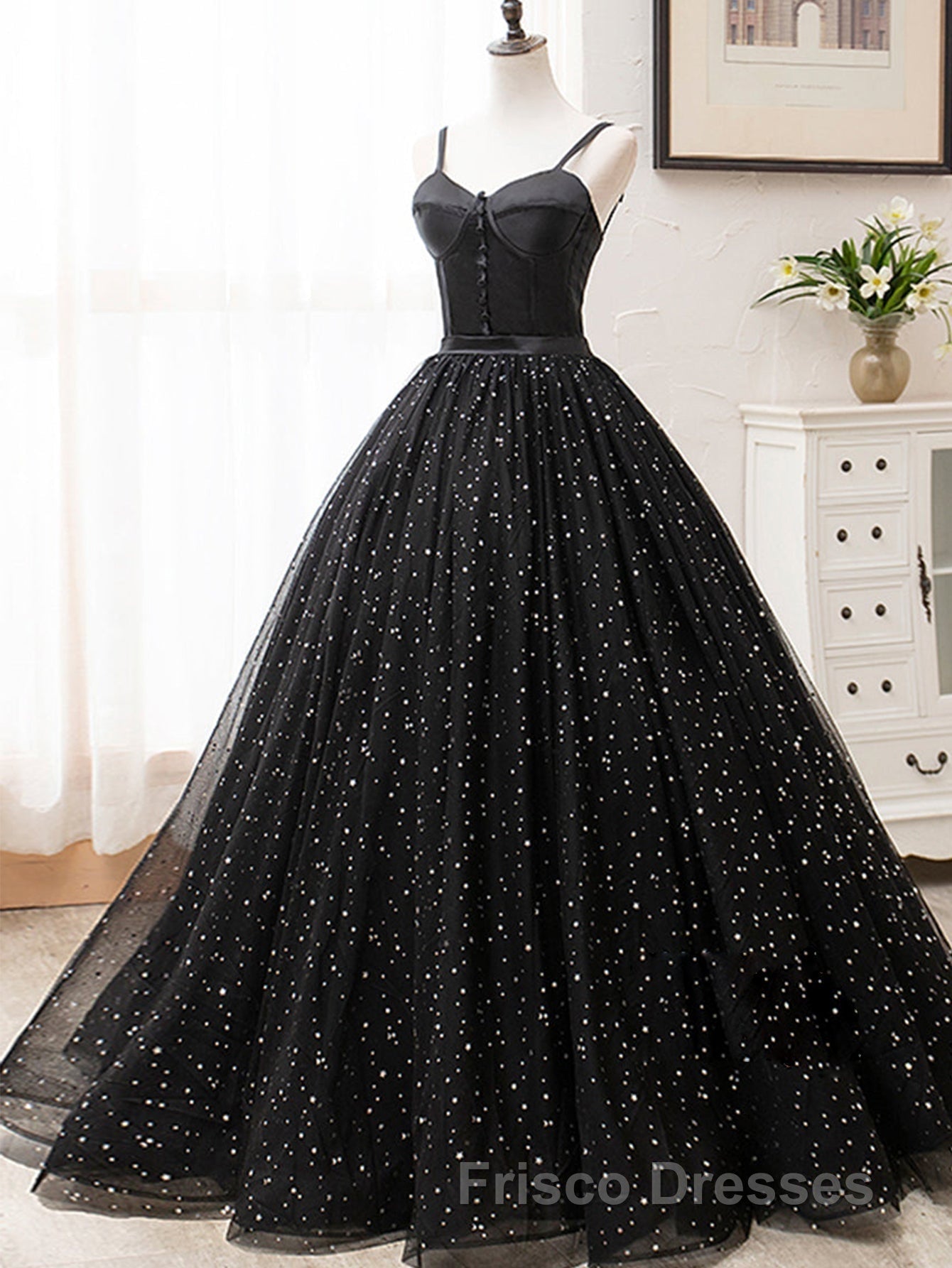 V Neck Glitter Black Long Formal Prom Dress