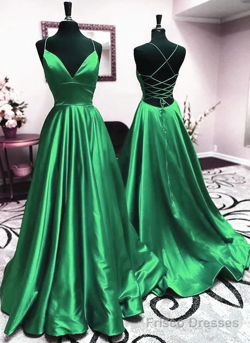 V Neck Green Backless A-line Satin Long Prom Dresses Main image