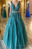 V Neck Green Lace Long Formal Prom Dresses with Beaded Belt, Long Green Lace Formal Evening Dresses