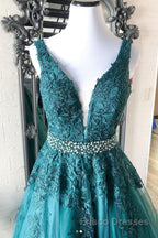 V Neck Green Lace Long Formal Prom Dresses with Beaded Belt, Long Green Lace Formal Evening Dresses