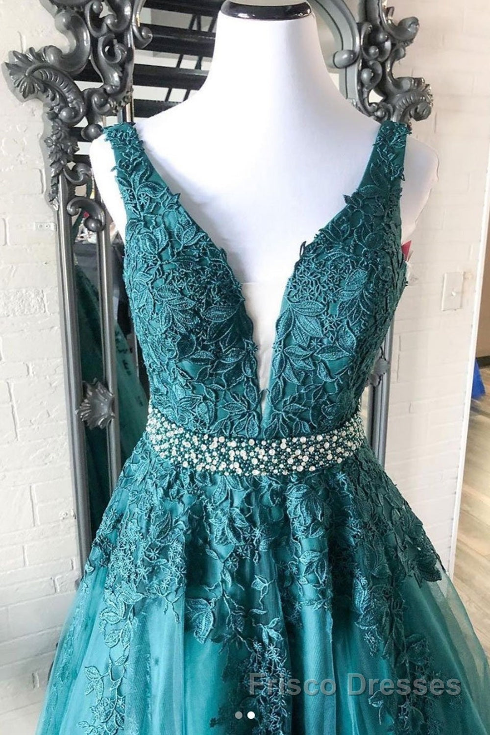 V Neck Green Lace Long Formal Prom Dresses with Beaded Belt, Long Green Lace Formal Evening Dresses