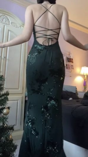 V Neck Green Prom Dresses Evening Gowns With Sequin Appliques Secondary image