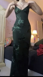 V Neck Green Prom Dresses Evening Gowns With Sequin Appliques