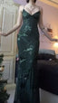 V Neck Green Prom Dresses Evening Gowns With Sequin Appliques
