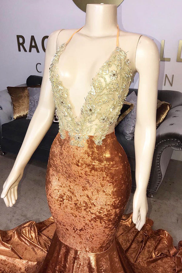 V-Neck Halter Beading Sequins Court Train Mermaid Prom Dresses