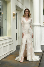 V-Neck High Split Long Sleeves Lace Wedding Dresses With Court Train