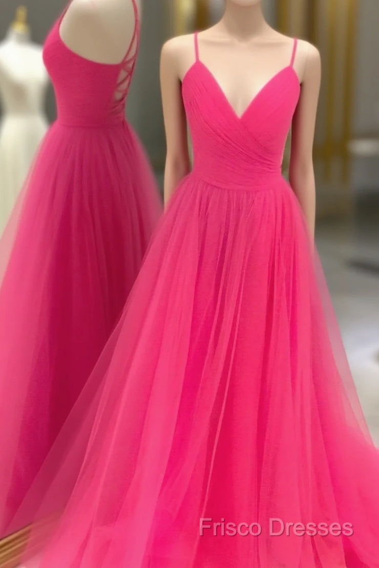 V Neck Hot Pink Backless Formal Prom Dress, Open Back Hot Pink Long Formal Dress