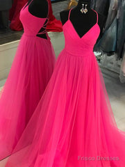 V Neck Hot Pink Backless Prom Dresses, Open Back Hot Pink Long Formal Dresses