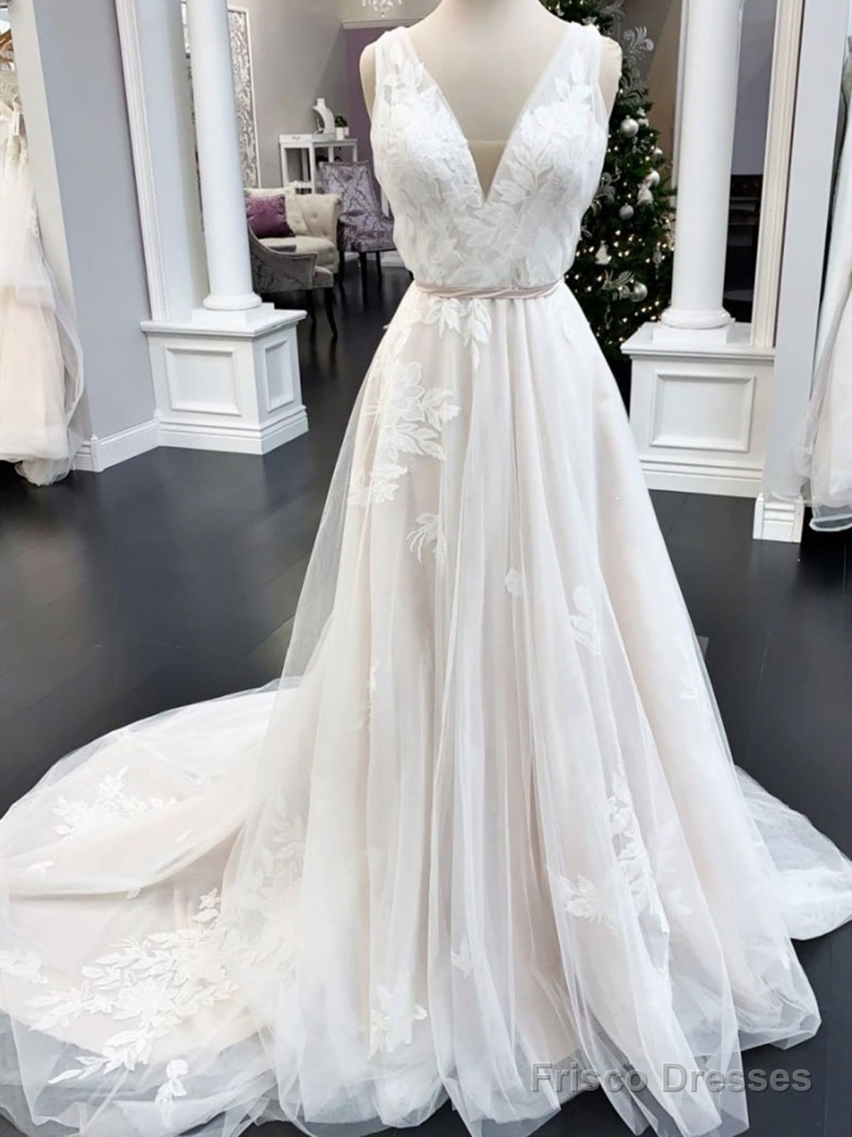 V Neck Ivory Lace Wedding Dresses, Ivory Lace Prom Formal Dresses Main image