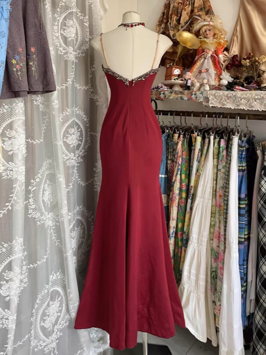 V Neck Lace Burgundy Prom Dress Vintage Mermaid Evening Party Gown Birthday Dress