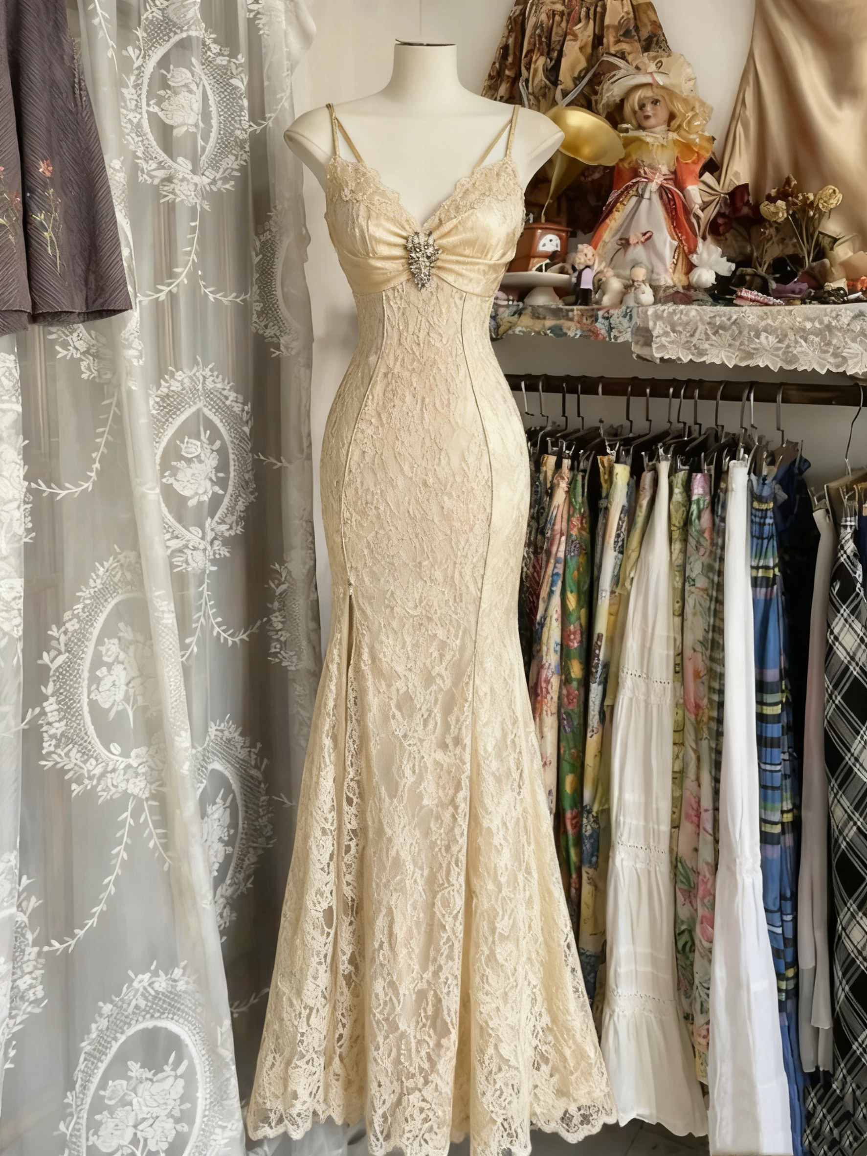 V Neck Lace Burgundy Prom Dress Vintage Mermaid Evening Party Gown Birthday Dress