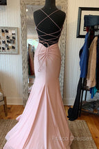 V Neck Lace-Up Back Sexy Mermaid Pink Long Formal Prom Dress