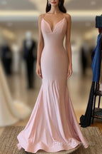 V Neck Lace-Up Back Sexy Mermaid Pink Long Formal Prom Dress