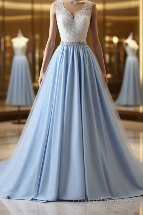 V Neck Light Blue Lace Formal Prom Dresses, Light Blue Lace Formal Evening Dresses