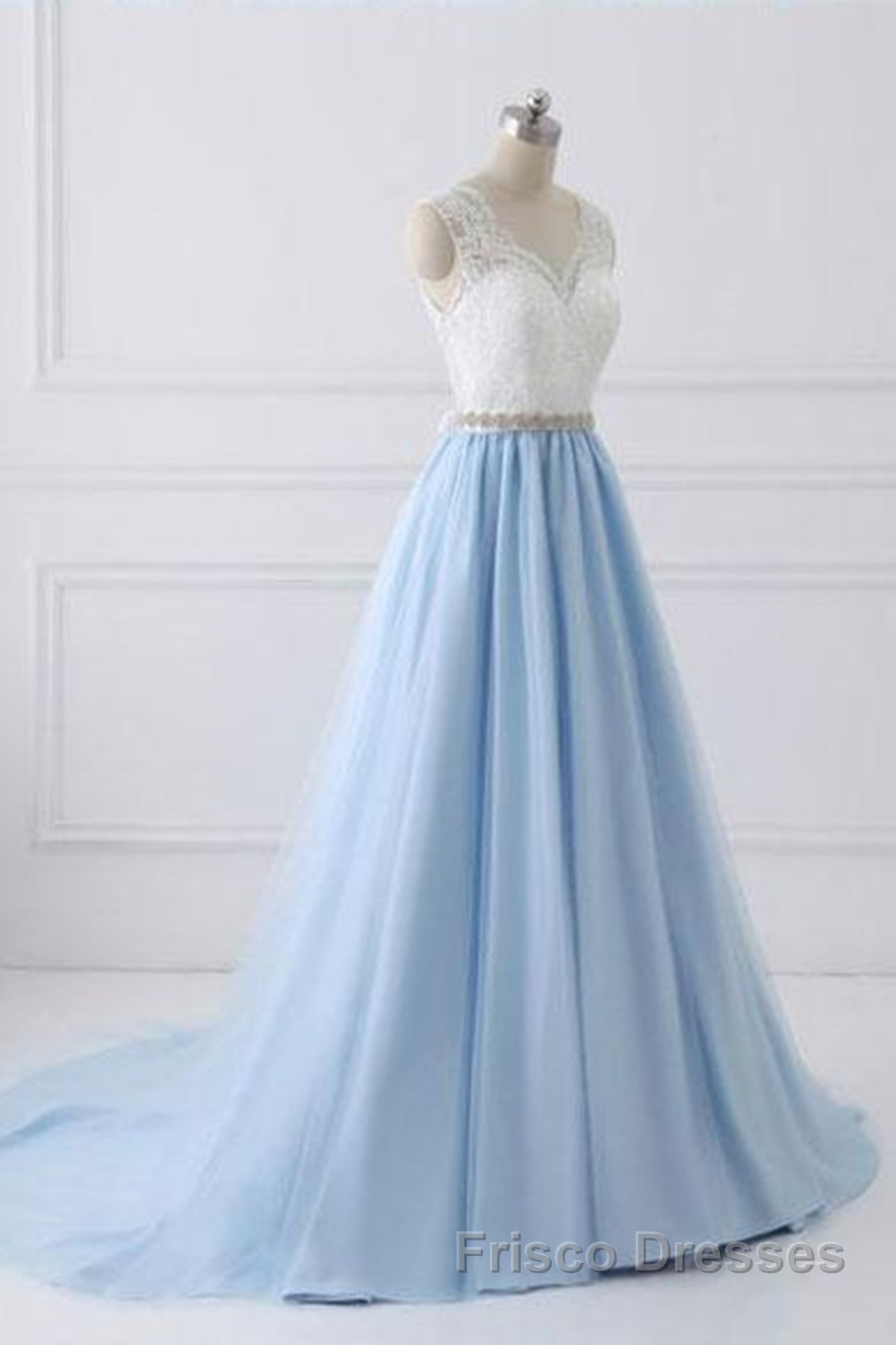 V Neck Light Blue Lace Formal Prom Dresses, Light Blue Lace Formal Evening Dresses
