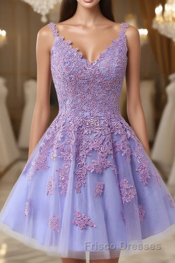V-Neck Lilace Tulle A-Line Short Party Dress with Appliques