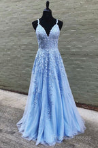 V Neck Long Blue Lace Formal Prom Dress, Blue Long Lace Formal Bridesmaid Dress