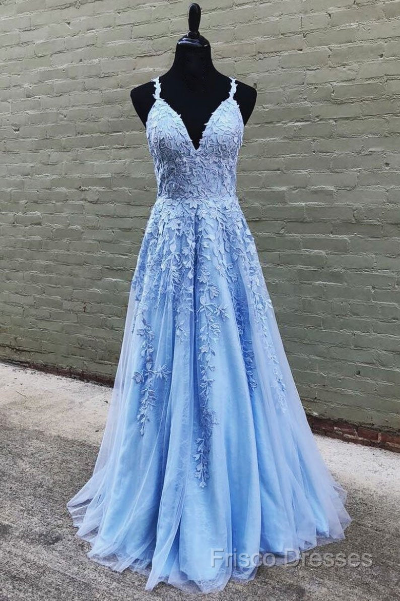 V Neck Long Blue Lace Formal Prom Dress, Blue Long Lace Formal Bridesmaid Dress
