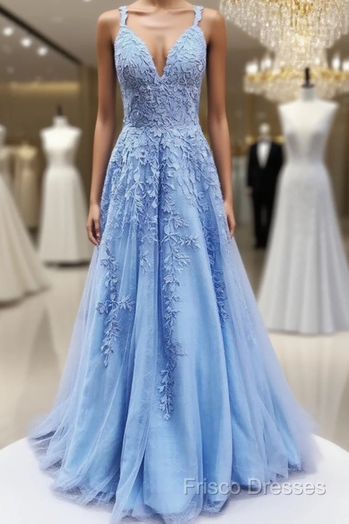V Neck Long Blue Lace Formal Prom Dress, Blue Long Lace Formal Bridesmaid Dress Main image