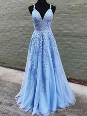 V Neck Long Blue Lace Prom Dresses, Blue Long Lace Formal Evening Bridesmaid Dresses