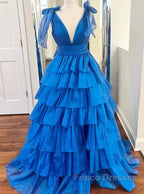 V-Neck Long Formal Prom Dress With Ruffle Skirt