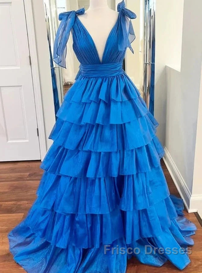 V-Neck Long Formal Prom Dress With Ruffle Skirt