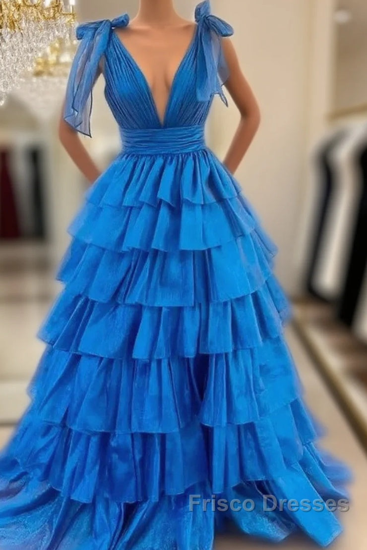 V-Neck Long Formal Prom Dress With Ruffle Skirt