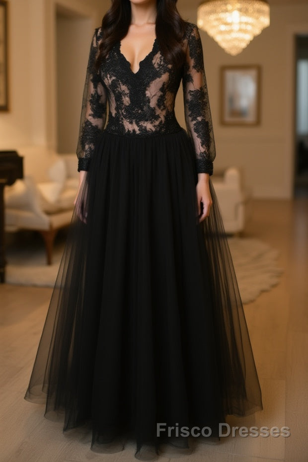 V Neck Long Sleeves Black Lace Long Formal Prom Dresses, Long Sleeves Black Lace Formal Dresses, Black Lace Evening Dresses Main image