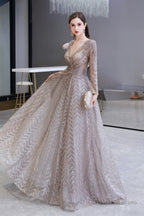 V-neck Long Sleeves Floor Length Lace A-line Prom Dresses