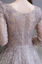 V-neck Long Sleeves Floor Length Lace A-line Prom Dresses