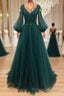 V Neck Long Sleeves Green Lace Formal Prom Dresses, V Neck Green Lace Formal Evening Dresses