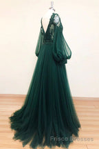 V Neck Long Sleeves Green Lace Formal Prom Dresses, V Neck Green Lace Formal Evening Dresses
