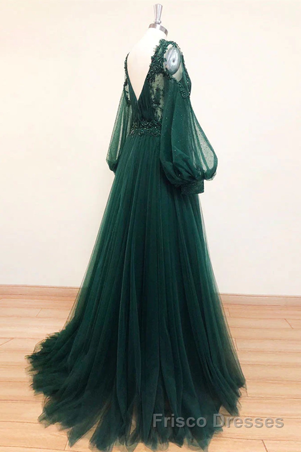 V Neck Long Sleeves Green Lace Formal Prom Dresses, V Neck Green Lace Formal Evening Dresses