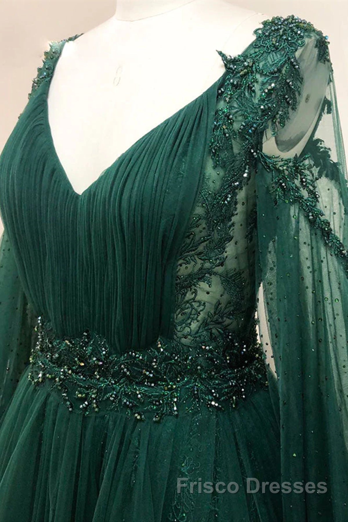 V Neck Long Sleeves Green Lace Formal Prom Dresses, V Neck Green Lace Formal Evening Dresses