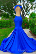 V-neck Mermaid Appliques Lace Sequined Open Back One Shoulder Floor-length Sleeveless Formal Prom Dresses