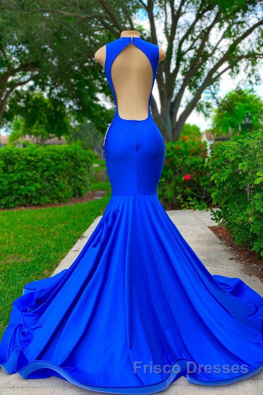 V-neck Mermaid Appliques Lace Sequined Open Back One Shoulder Floor-length Sleeveless Formal Prom Dresses