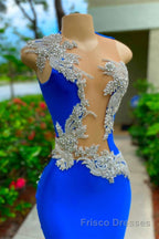 V-neck Mermaid Appliques Lace Sequined Open Back One Shoulder Floor-length Sleeveless Formal Prom Dresses