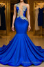 V-neck Mermaid Appliques Lace Sequined Open Back One Shoulder Floor-length Sleeveless Formal Prom Dresses