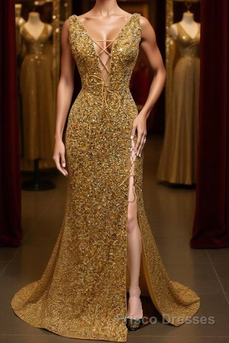 V Neck Mermaid Golden Sequins Long Formal Prom Dresses with High Slit, Mermaid Golden Formal Dresses, Gold Sequins Evening Dresses
