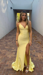 V Neck Mermaid Long Prom Dress Yellow Formal Dresses