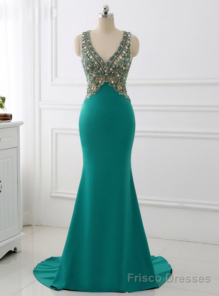 V Neck Mermaid Long Sparkly Beading Formal Evening Dresses Main image