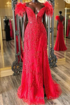 V Neck Mermaid Off Shoulder Red Lace Long Formal Prom Dresses, Mermaid Red Formal Dresses, Red Lace Evening Dresses