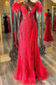 V Neck Mermaid Off Shoulder Red Lace Long Formal Prom Dresses, Mermaid Red Formal Dresses, Red Lace Evening Dresses