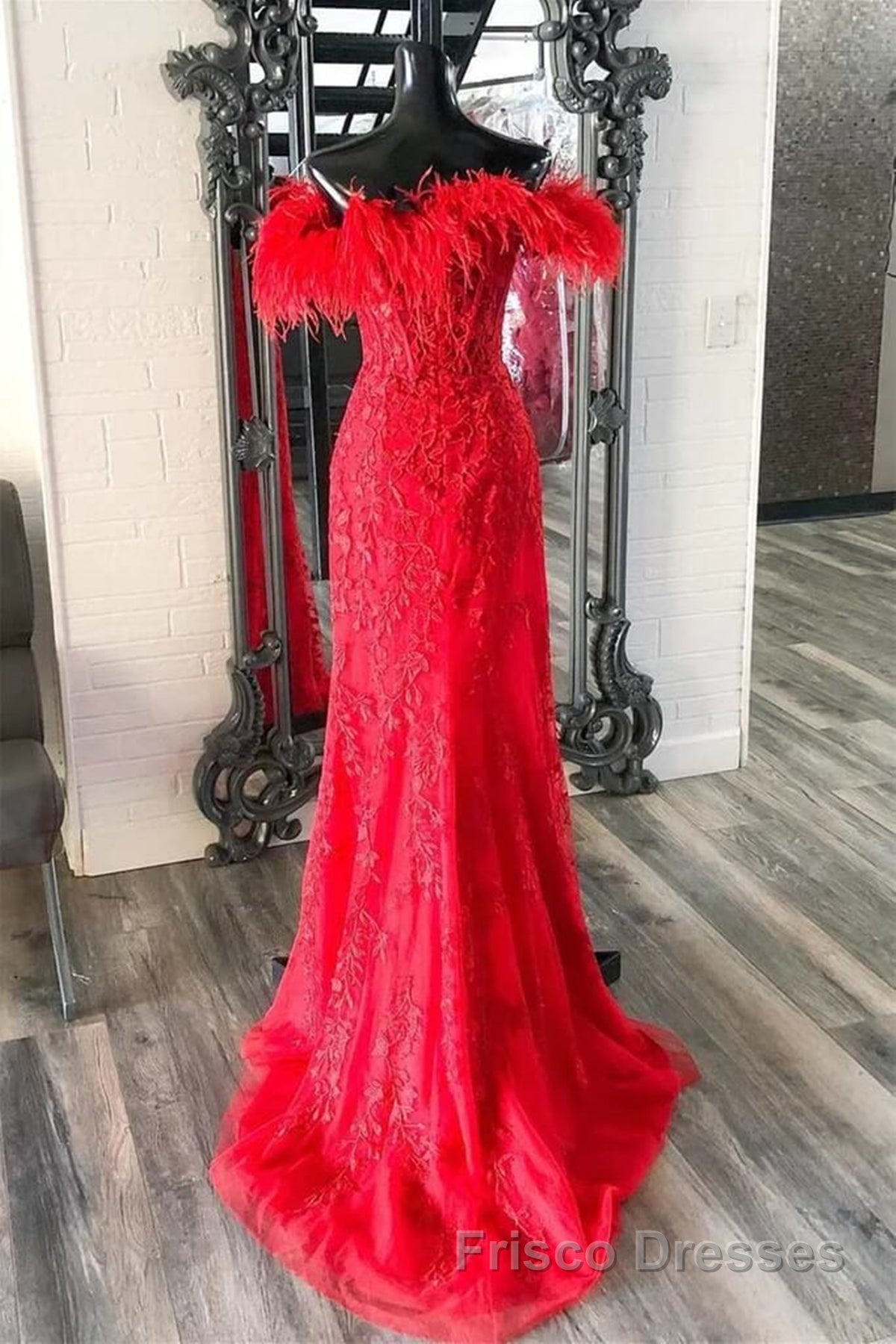 V Neck Mermaid Off Shoulder Red Lace Long Formal Prom Dresses, Mermaid Red Formal Dresses, Red Lace Evening Dresses Secondary image
