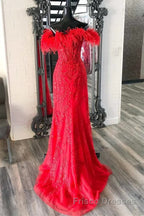 V Neck Mermaid Off Shoulder Red Lace Long Formal Prom Dresses, Mermaid Red Formal Dresses, Red Lace Evening Dresses
