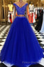 V Neck Off Shoulder 2 Pieces Beads Blue Tulle Long Formal Prom Dresses, Blue 2 Pieces Ball Gown, Evening Dresses