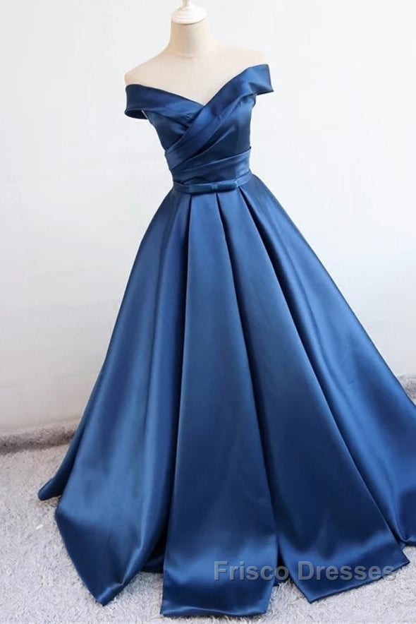 V Neck Off The Shoulder Long Satin Formal Prom Dress Ball Gowns