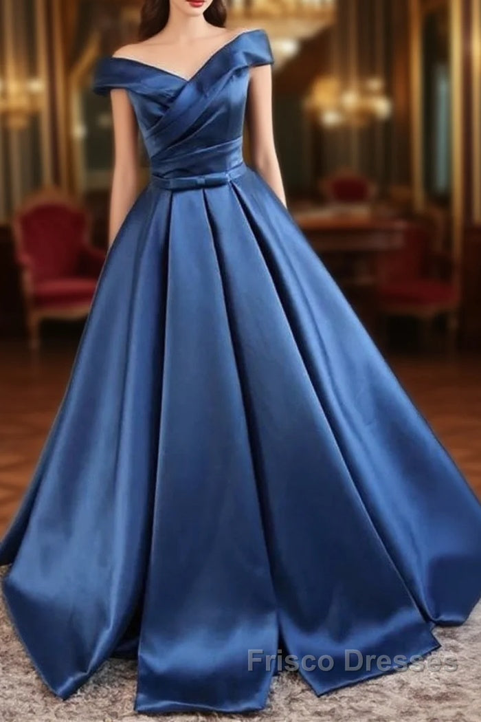 V Neck Off The Shoulder Long Satin Formal Prom Dress Ball Gowns