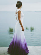 V Neck Ombre Formal Prom Dress, A Line Wedding Party Gown