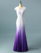 V Neck Ombre Formal Prom Dress, A Line Wedding Party Gown